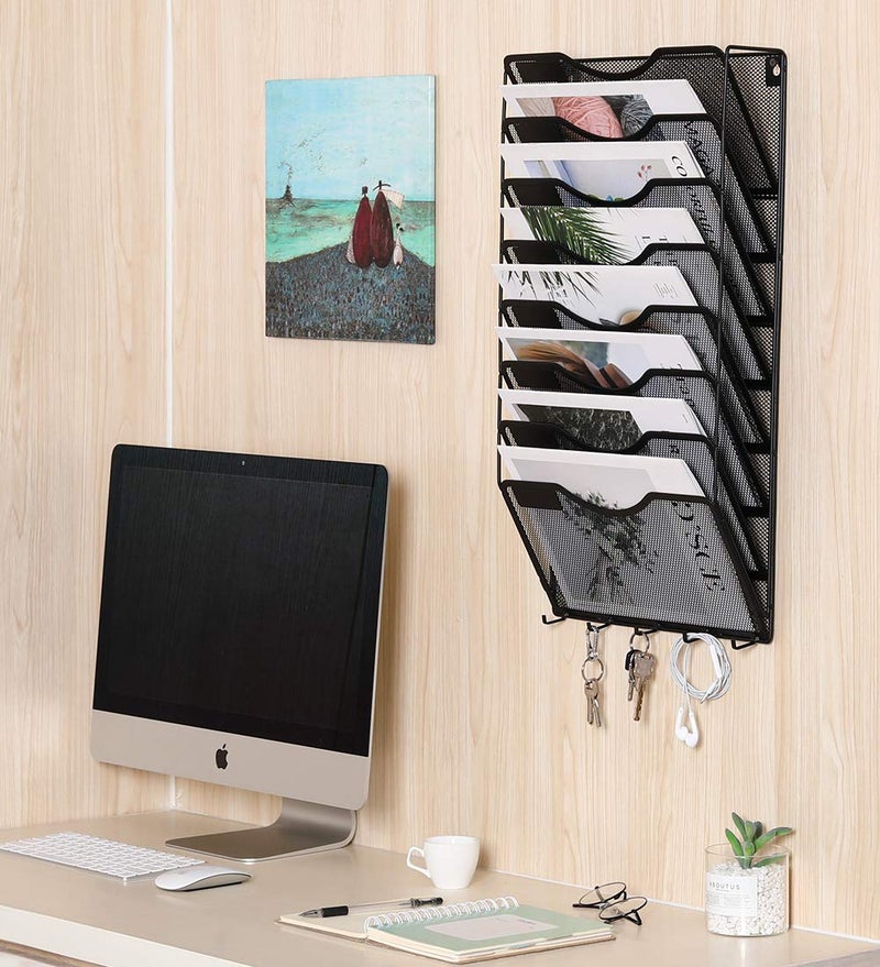 EasyPAG 8 Pocket Mesh Wall File Organizer with Key Hooks, Hanging Paper Folder Holder with Classify Label, Vertical Wall Mount Mail Organizer for Office Home Classroom, Black - Image 5